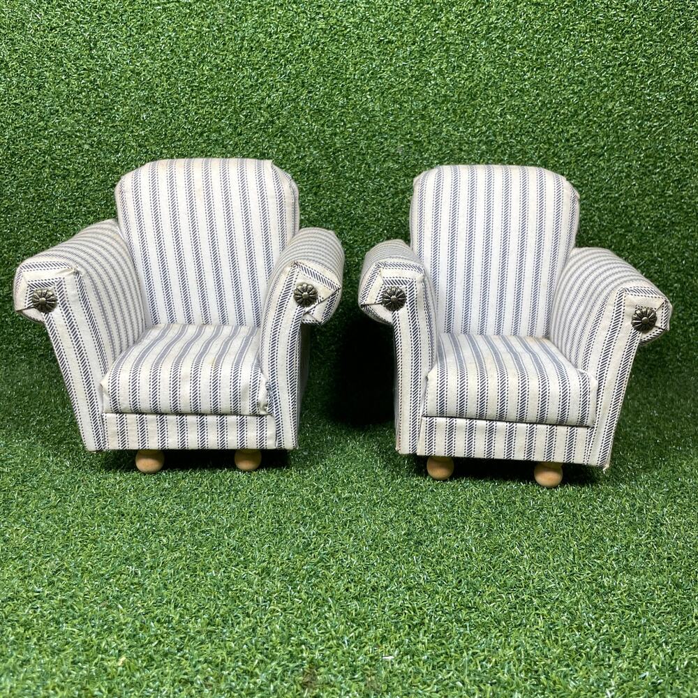 Vintage Miniature Blue White Stripe Upholstered Armchair Furniture Dollhouse Lot